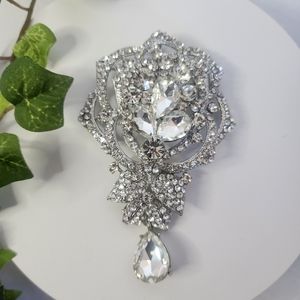 Large Statement Silver with Clear Crystal Rose Pin Brooch / Pendant